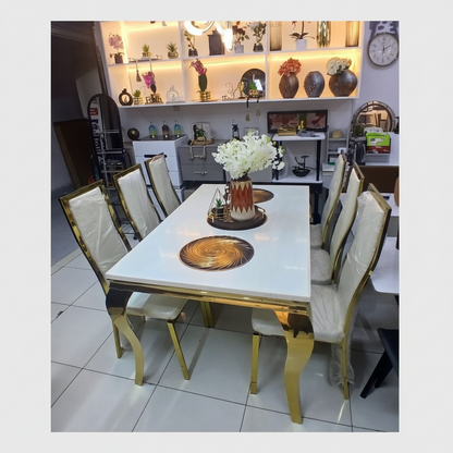 Six Seater Marble Dining Table with Microfiber Chairs