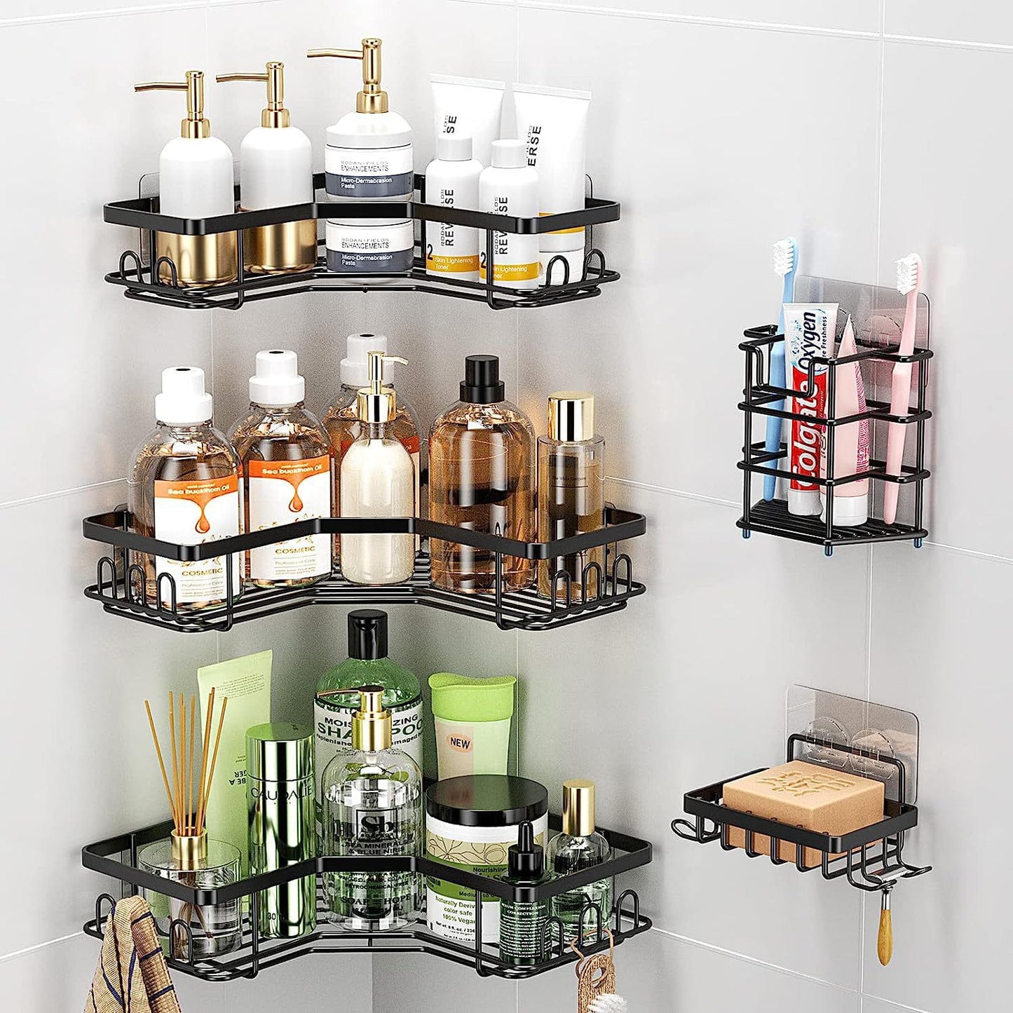 5 Piece triangular shower caddy bathroom organizer set with corner shelves soap dish and toothbrush holder, rustproof adhesive design