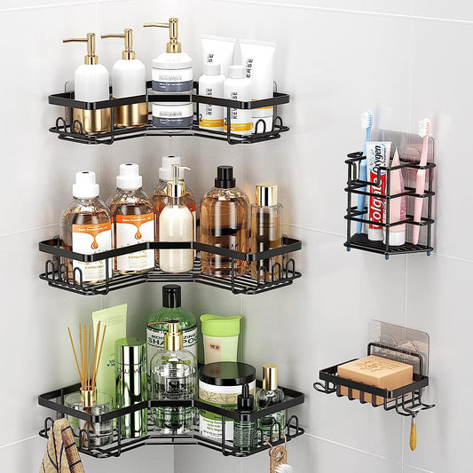 5 Piece triangular shower caddy bathroom organizer set with corner shelves soap dish and toothbrush holder, rustproof adhesive design