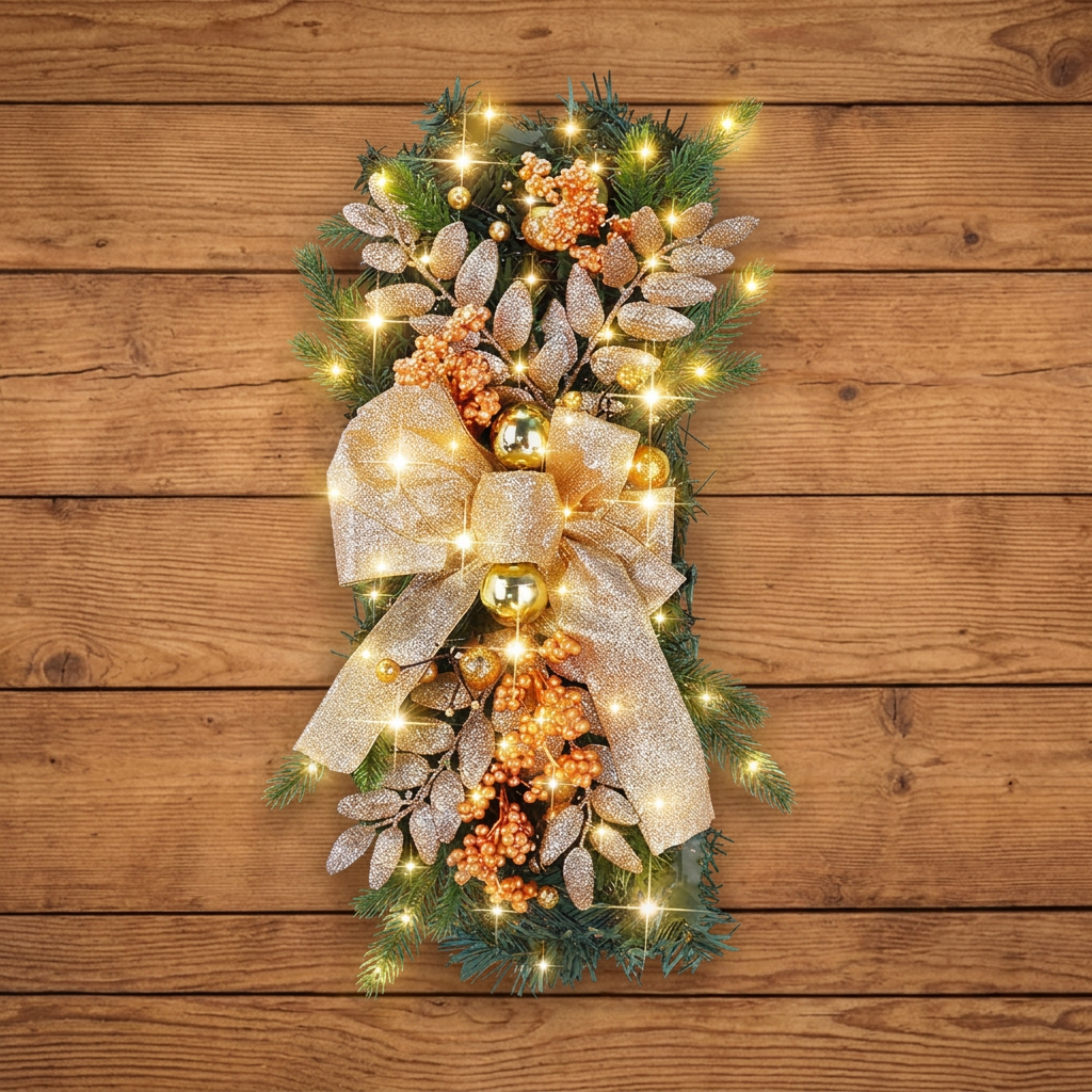 60 × 40cm Christmas Staircase Swag Wreath with LED Lights