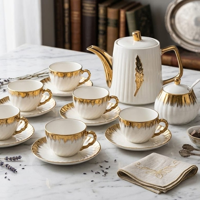 14pc ceramic tea set with gold detail including cups, saucers, kettle, and sugar dish for elegant serving. 