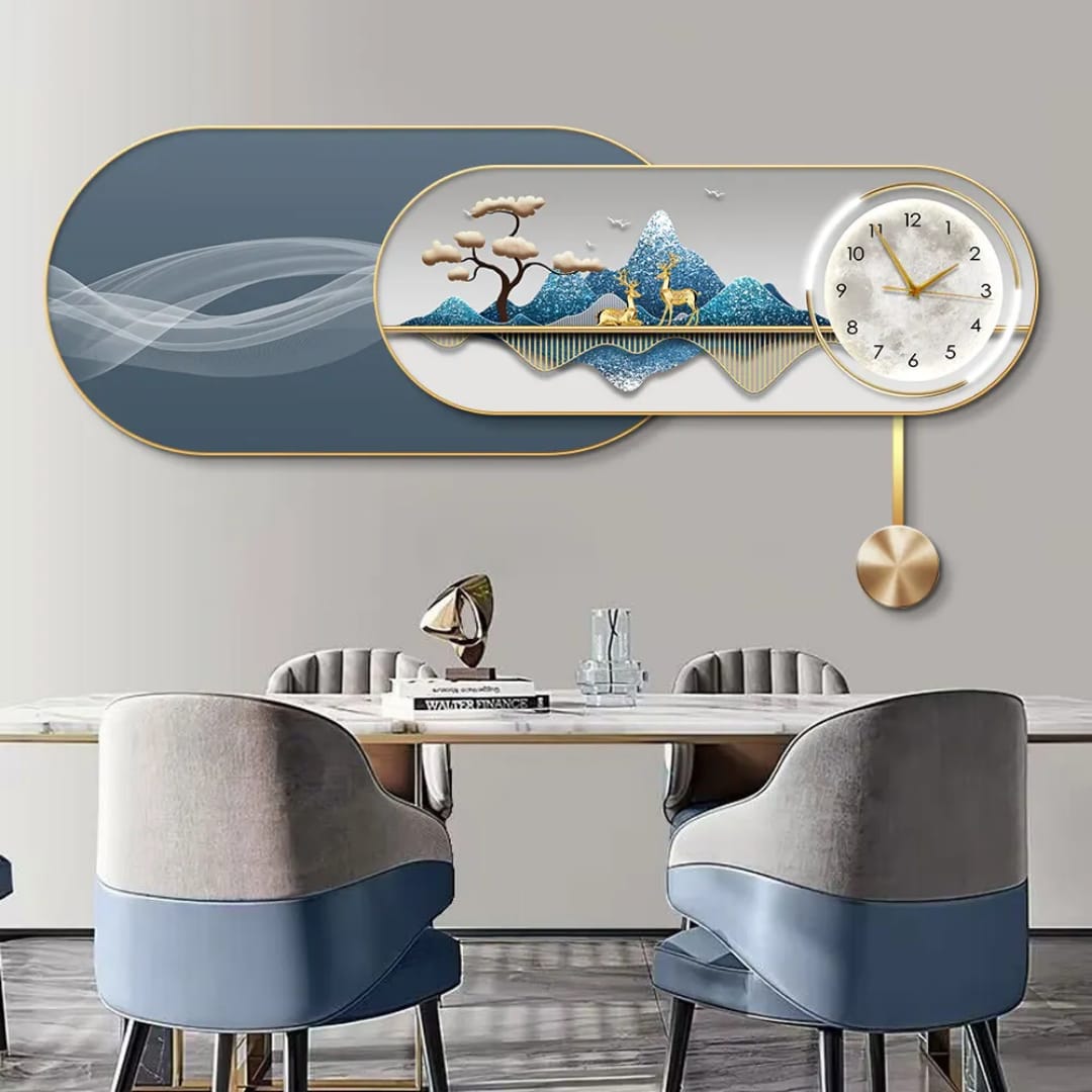 Luxury abstract geometric wall art mural with clock print and crystal porcelain finish
