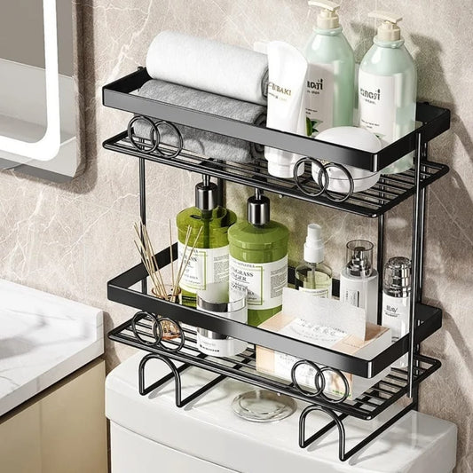 Over the toilet bathroom storage shelf with no drill adhesive hooks