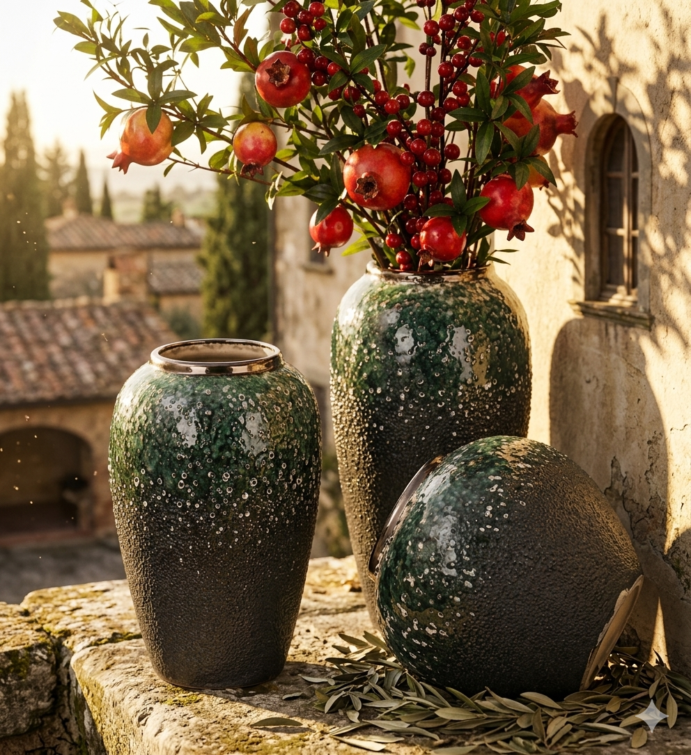 3;Piece Dark Green & Gold Accent Vase Set