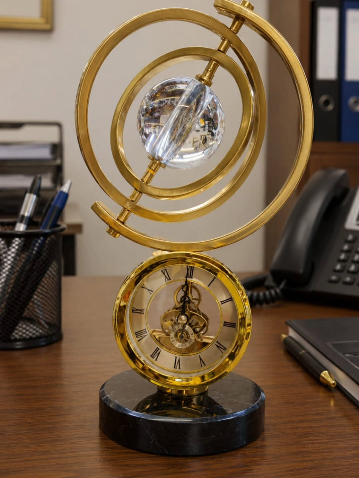 Dawood Lifestyle & Gadgets kes retro Nordic gold table clock with crystal sphere armillary design and black marble base