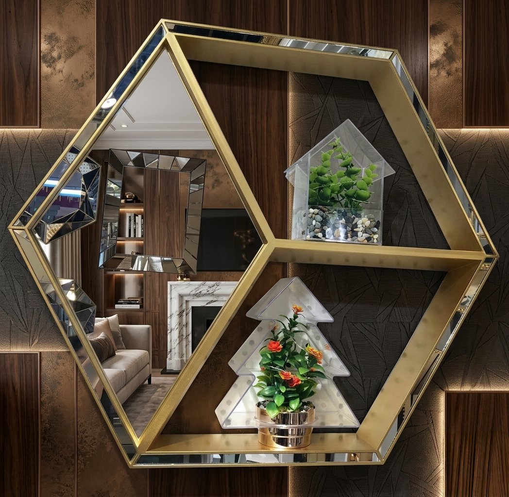 Gold Hexagon Wall Mirror With Display Shelves