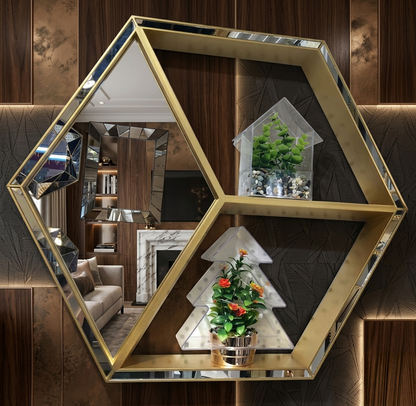 Gold Hexagon Wall Mirror With Display Shelves