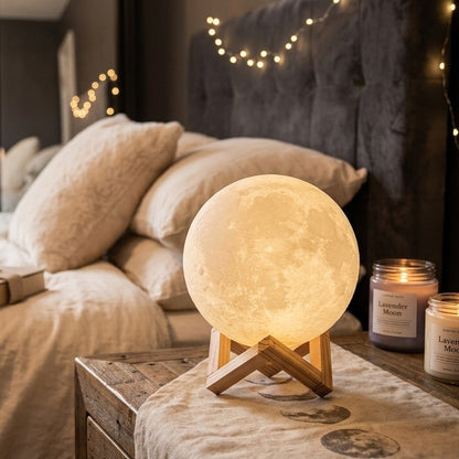 3D printed moon lamp with realistic lunar texture and wooden stand for ambient night lighting