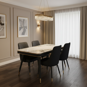 4-seater marble dining table set with microfiber chairs and black metallic legs featuring gold accents.