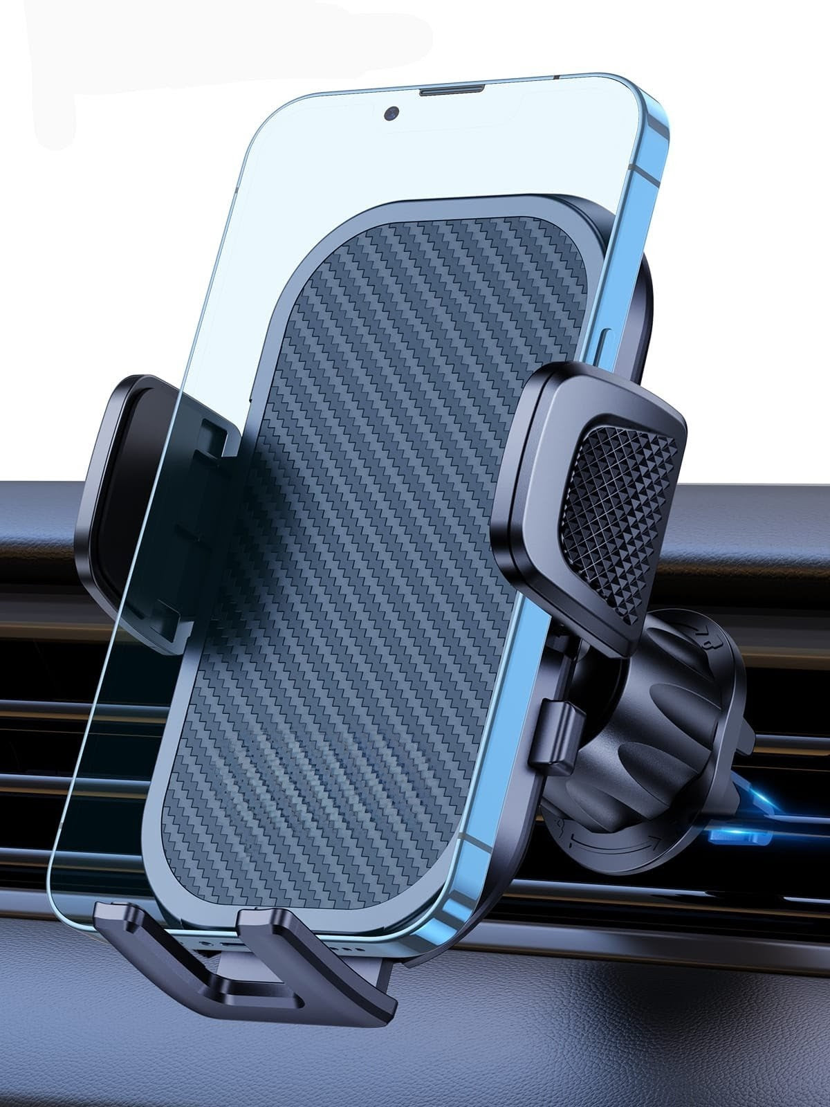 Black ABS car phone holder with air vent mount, 360-degree rotation, adjustable for smartphones 4.5–7 inches.