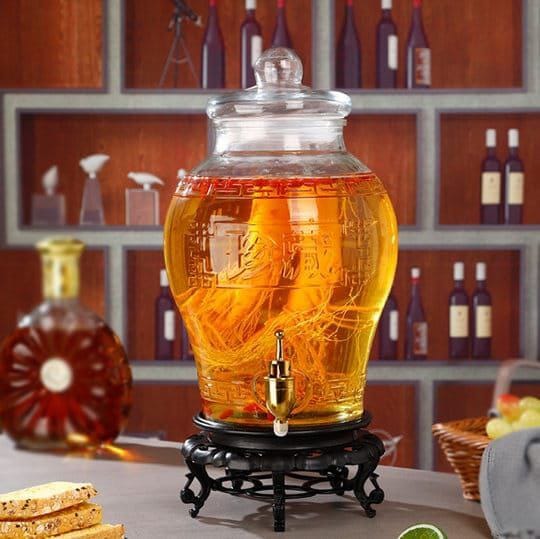 Glass beverage dispenser with faucet, PVC stand, and glass lid, 5 liter capacity