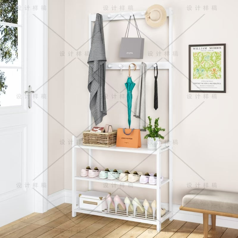 White multifunctional bamboo shoe and coat rack with hooks