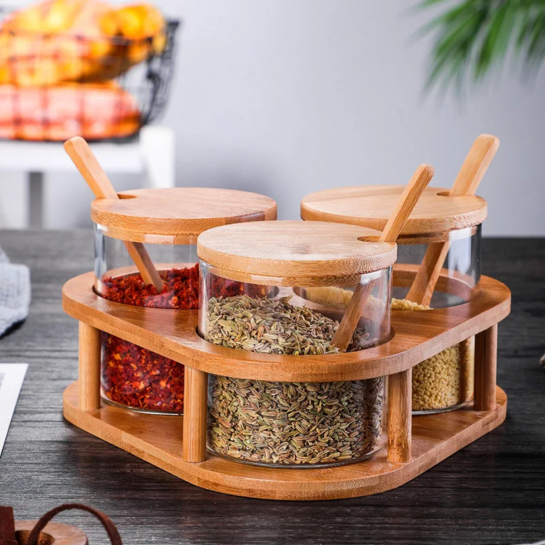 3Pcs Spice Jars With Bamboo Holder