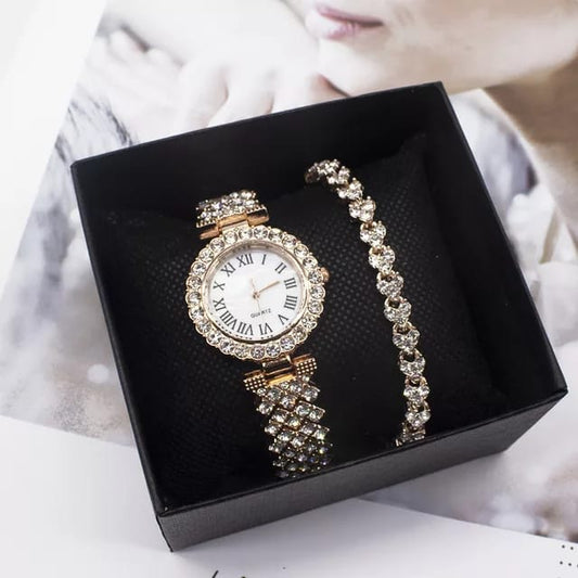 Gold full crystal watch and matching bracelet set, 2 pieces.