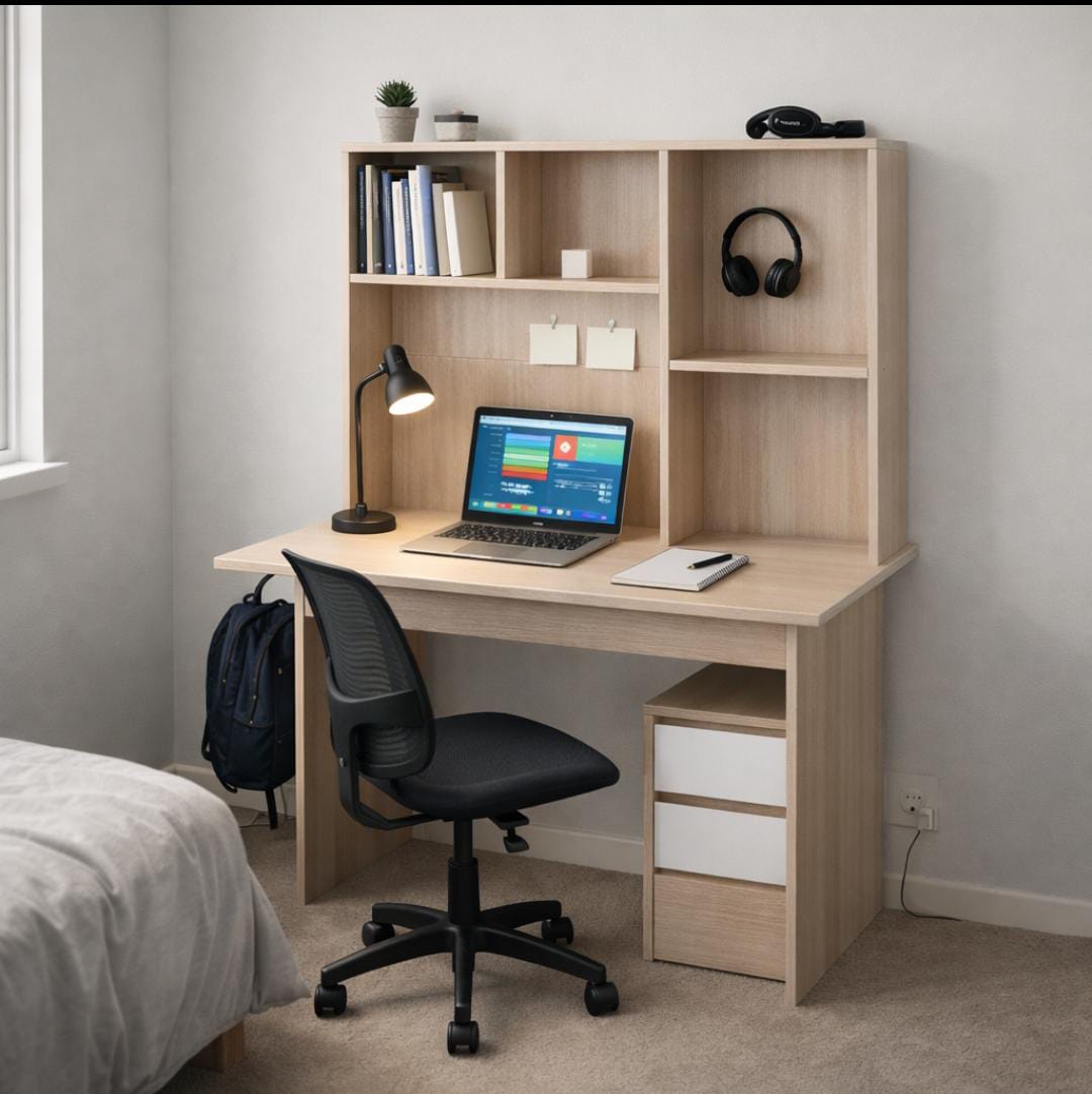 2 in 1 study desk with bookshelf, space saving workstation for home study and office use. 