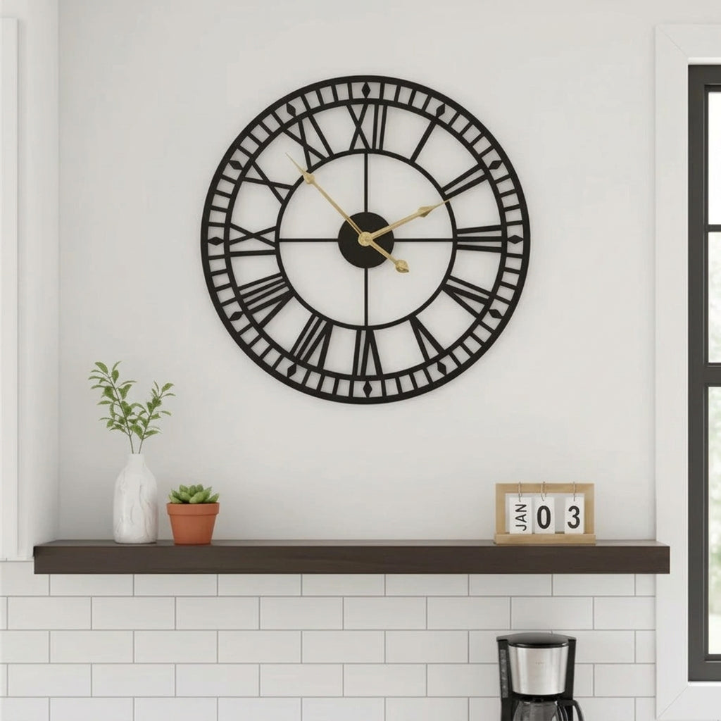 Black metallic antique Roman wall clock with 60cm diameter