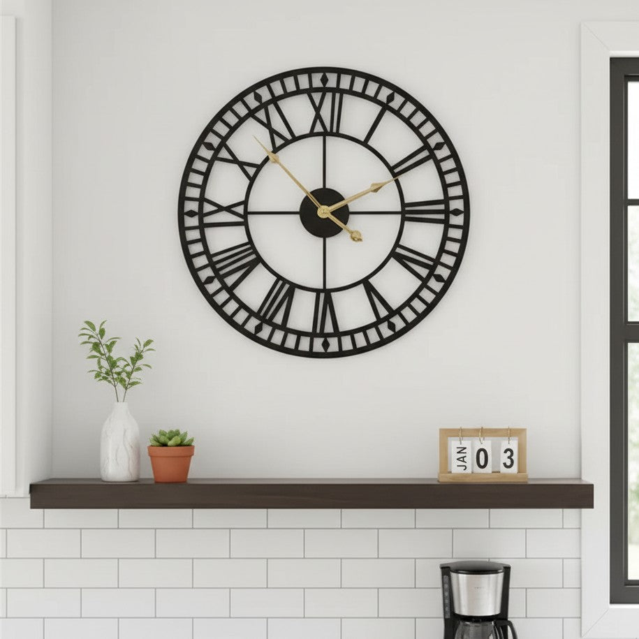 Black metallic antique Roman wall clock with 60cm diameter