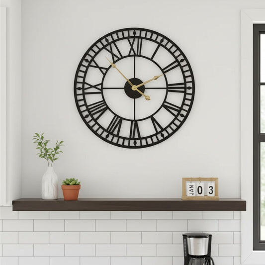 Black metallic antique Roman wall clock with 60cm diameter