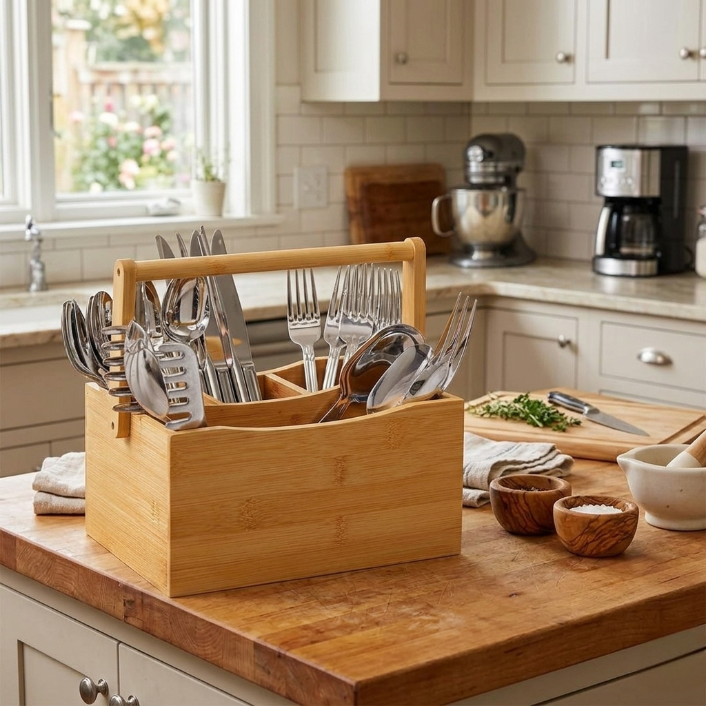 Portable Bamboo Cutlery Organizer With Handle