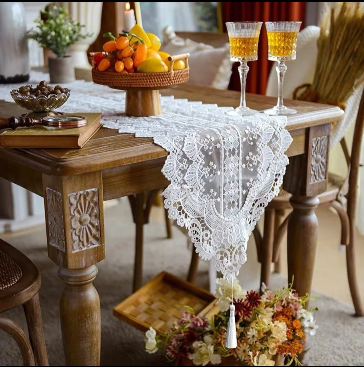 White Lace Handmade Embroidered Table Runner