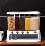 White acrylic partitioned rice and cereal dispenser with multiple compartments for organized kitchen storage