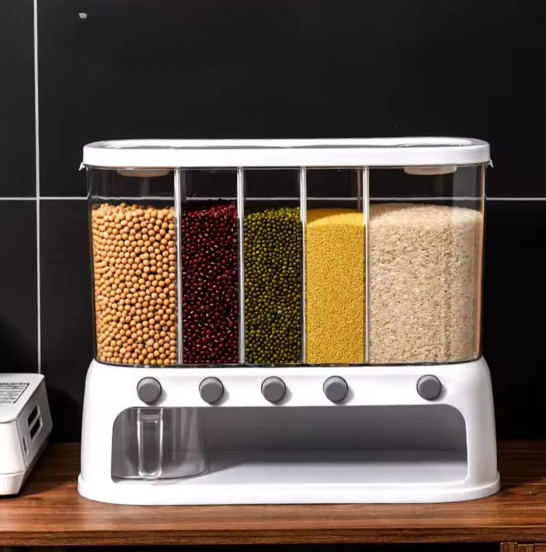 White acrylic partitioned rice and cereal dispenser with multiple compartments for organized kitchen storage