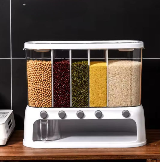 White acrylic partitioned rice and cereal dispenser with multiple compartments for organized kitchen storage