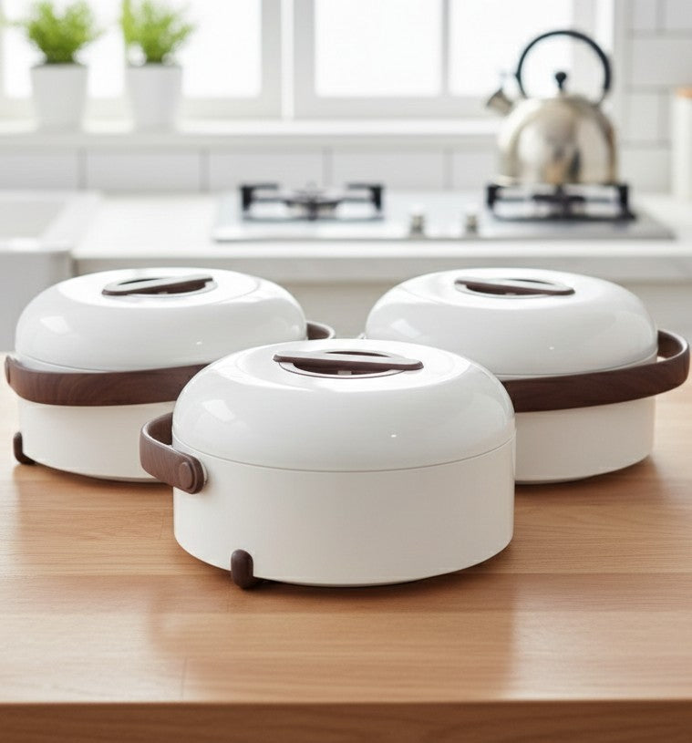 Set of three Forever Gold insulated hotpots in 3L, 4L, and 5L capacities.