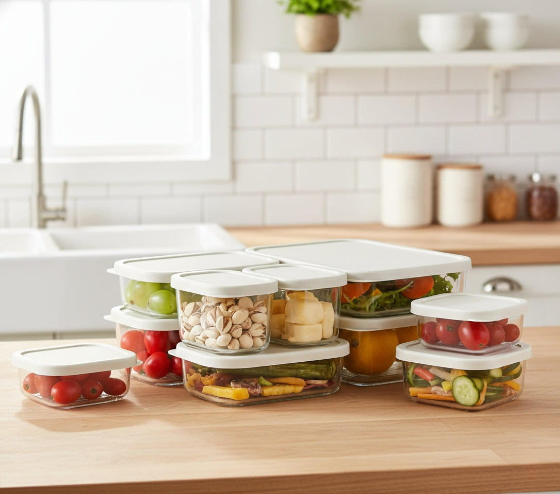 Seven piece food grade glass lunch box set with assorted sizes for meal storage and reheating.