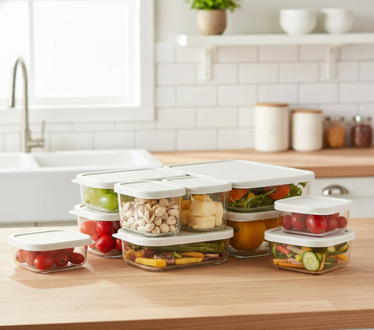 Seven piece food grade glass lunch box set with assorted sizes for meal storage and reheating.
