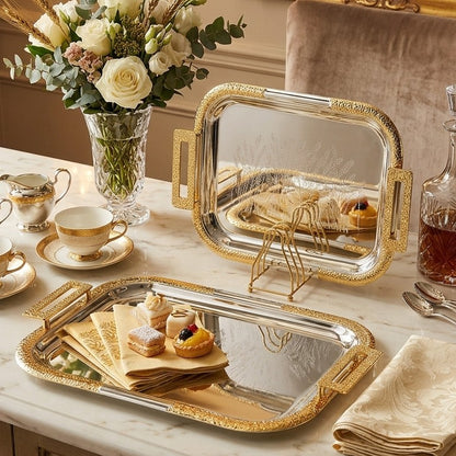 3pcs Rectangular Stainless Steel Serving Trays with Gold Handles