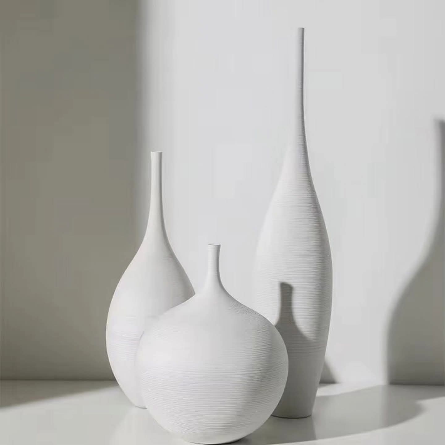 3pc White Brushed Ceramic Decor Vases