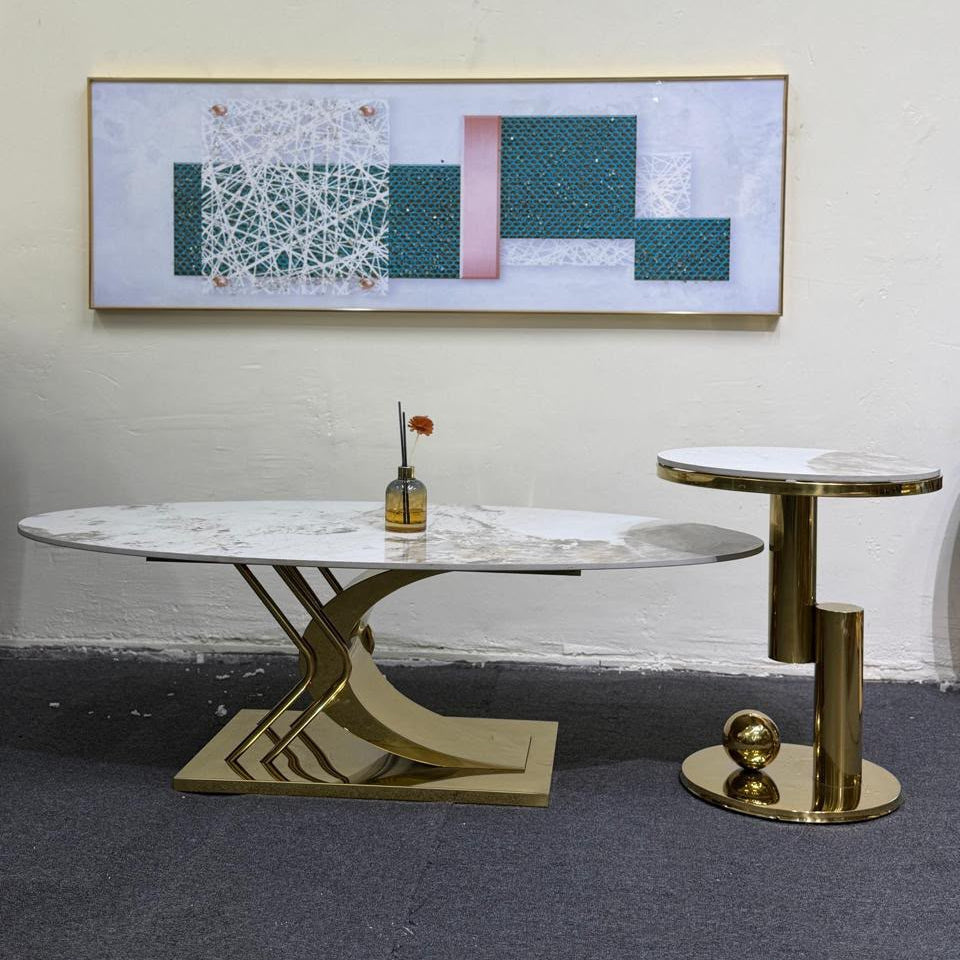 2-Piece Marble Top Gold Stainless Steel Designer Coffee Table Set