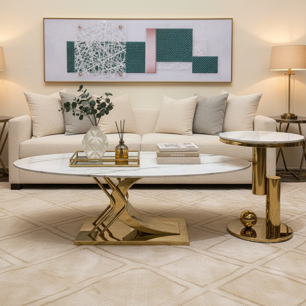 Dawood Lifestyle & Gadgets kes 2-piece designer coffee table set featuring white marble tops, sculptural gold stainless steel bases, oval coffee table, and round side table for luxury modern interiors.