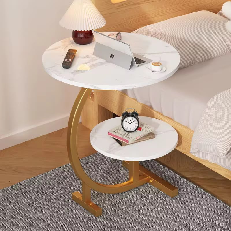 Double Layer C Shaped Side Table with Marble Effect Top