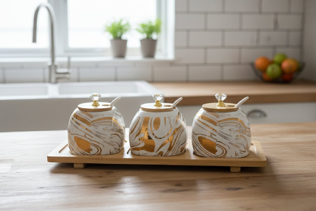 3-in-1 kitchen canister for sugar, coffee, and tea.