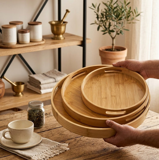 Set of 3 bamboo serving trays with gold handles, multi-functional for food serving and storage