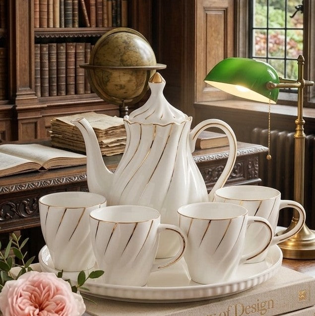 9Pcs Porcelain Tea Set with Gold Trim