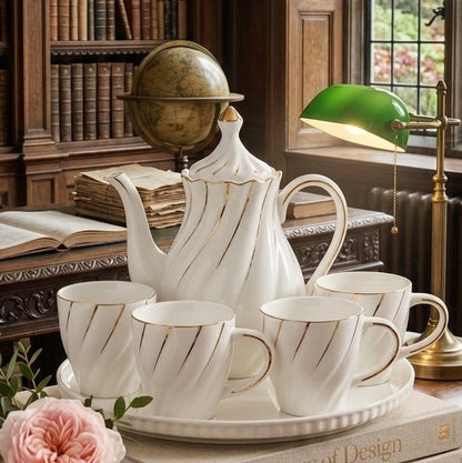 9Pcs Porcelain Tea Set with Gold Trim