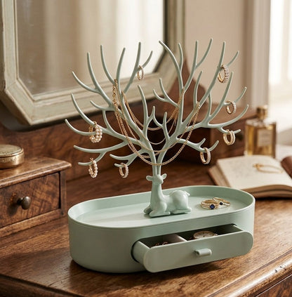 White antler jewelry stand with drawer, compact organizer for necklaces, earrings, rings, and accessories. 