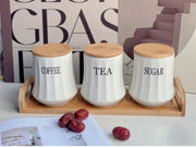 White ceramic tea coffee sugar canister set with bamboo lids and stand