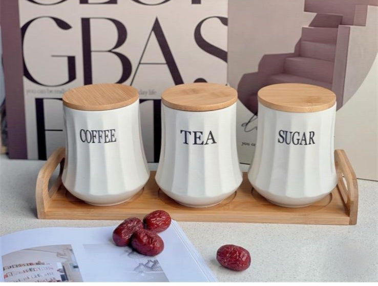 White ceramic tea coffee sugar canister set with bamboo lids and stand
