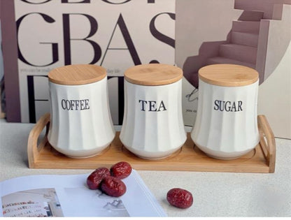 White ceramic tea coffee sugar canister set with bamboo lids and stand