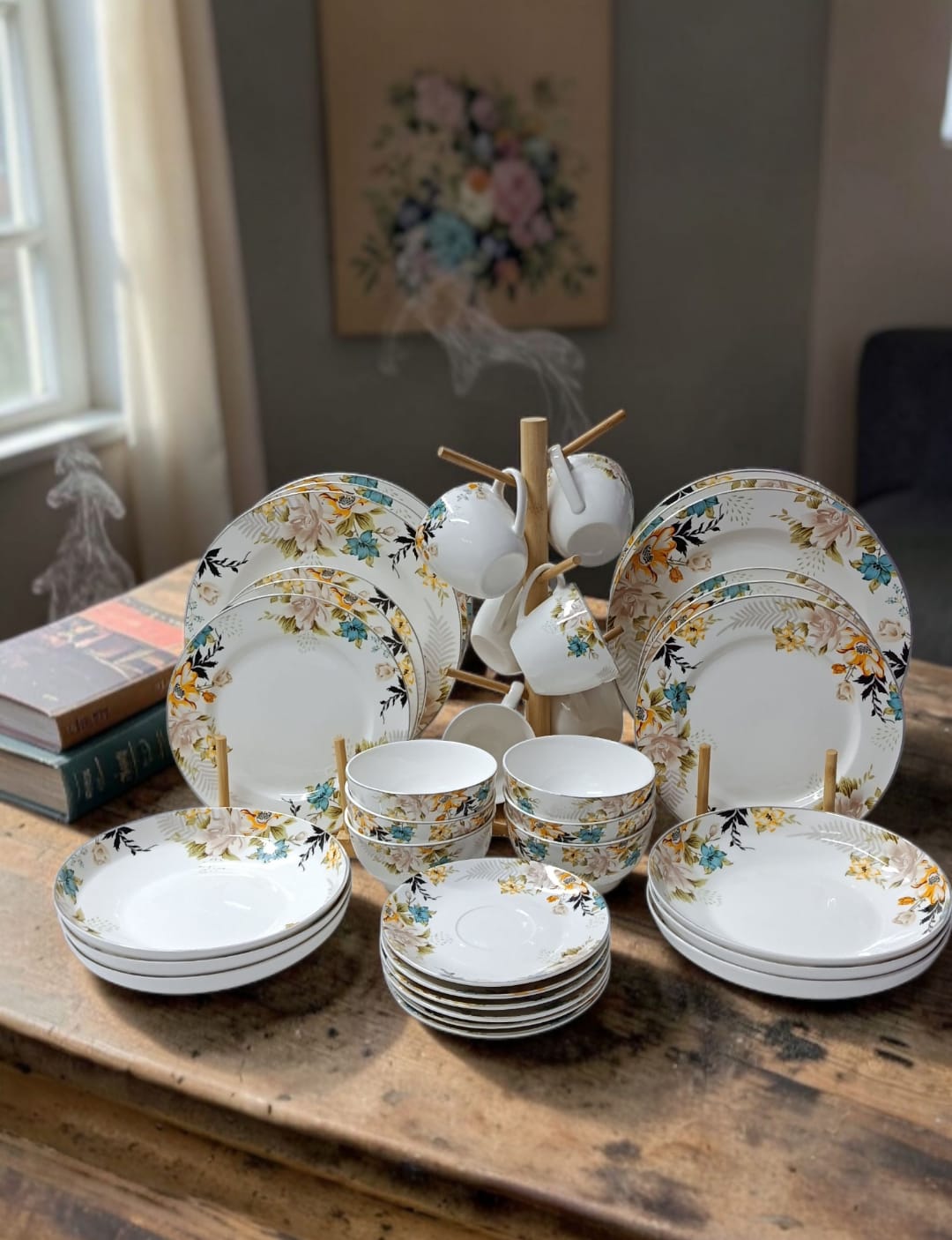36-Piece white flowered ceramic dinner set with plates bowls cups and saucers