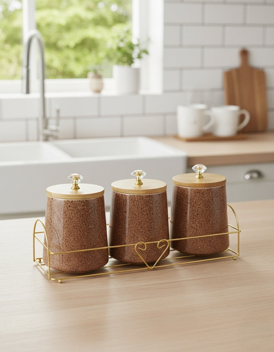 3Pcs Ceramic Seasoning Set With Airtight Bamboo Lids