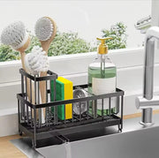 Black carbon steel sink caddy rack for organizing sponges, detergents, and kitchen cleaning essentials