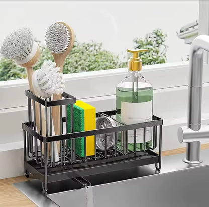 Black carbon steel sink caddy rack for organizing sponges, detergents, and kitchen cleaning essentials
