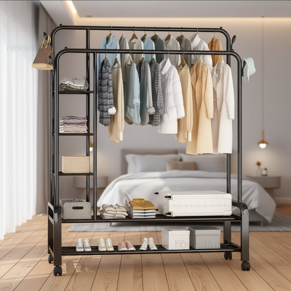 Double Layer Garment Rack Floor Standing Clothes Hanger