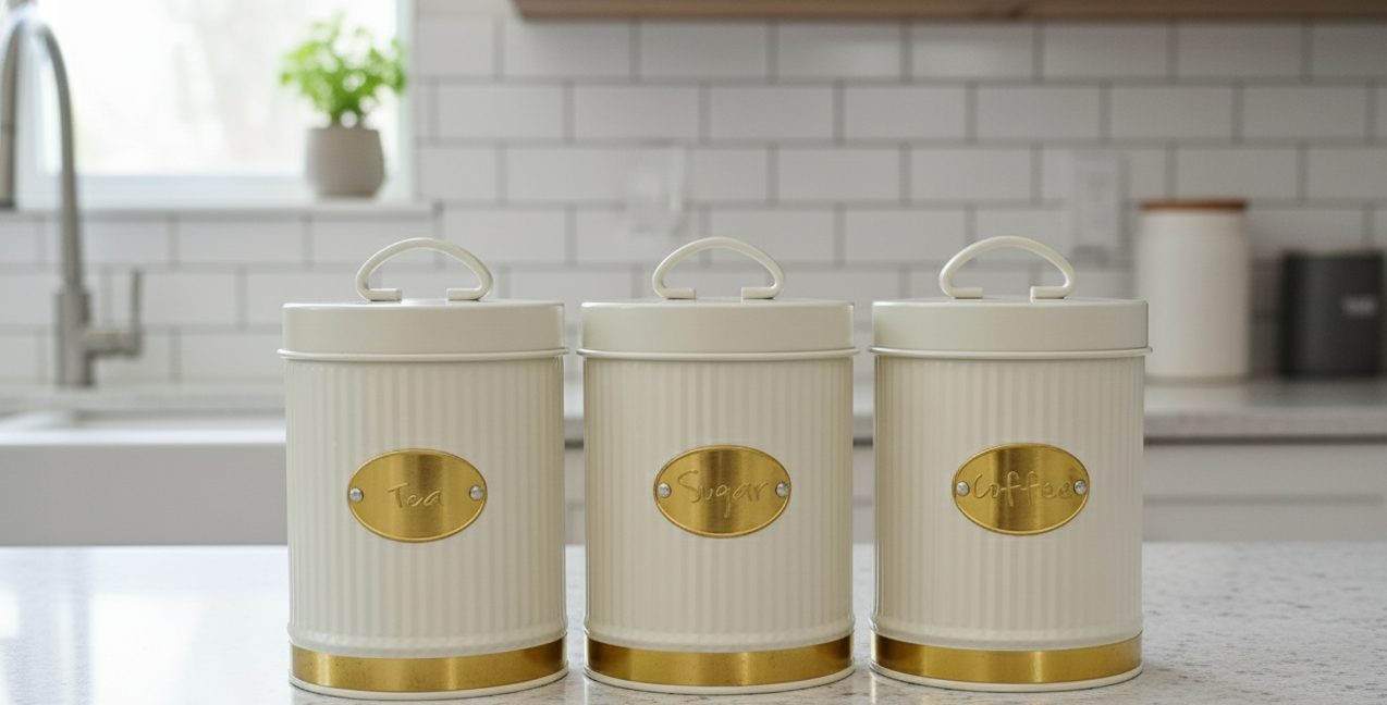 3Pcs Galvanized alloy canister set in black and white for kitchen storage