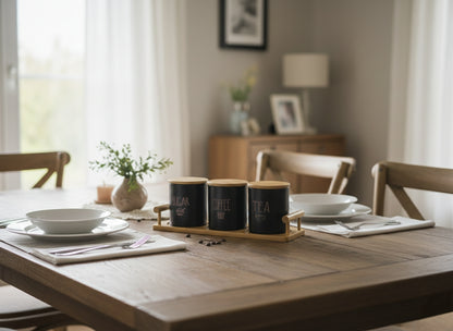 3 Piece Ceramic Canister Set With Bamboo Stand